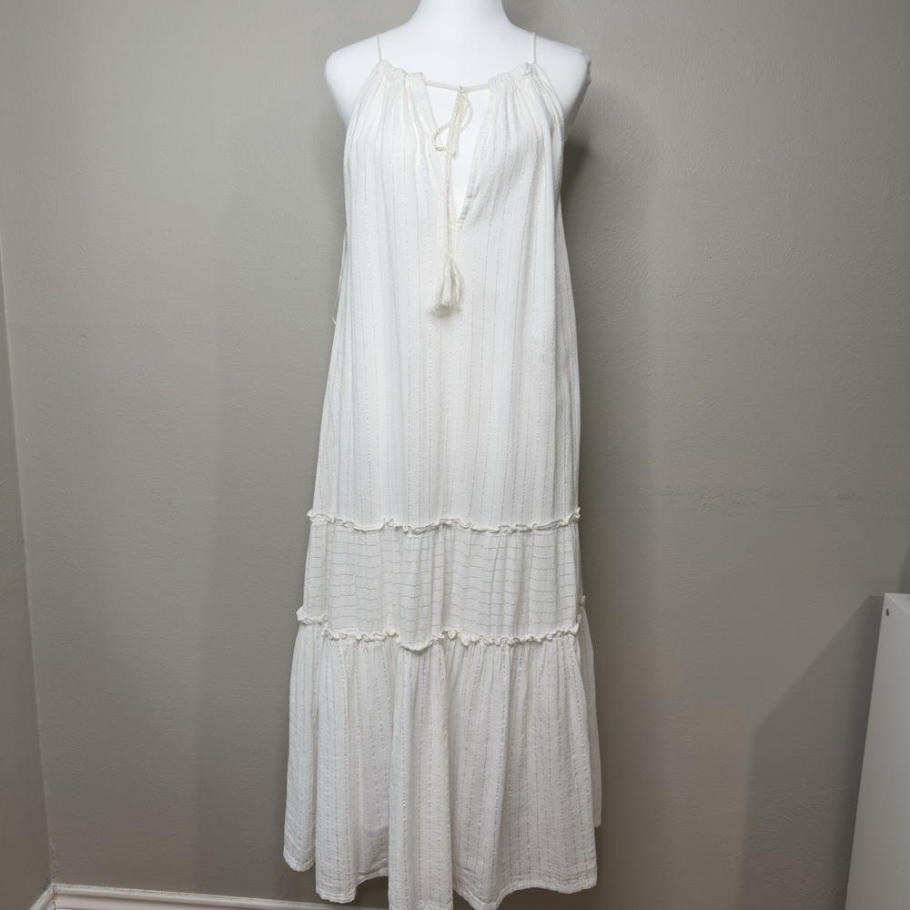 World Market L/XL Cotton Midi Dress Tiered Floaty Gauzy Stripes Beachy Boho
